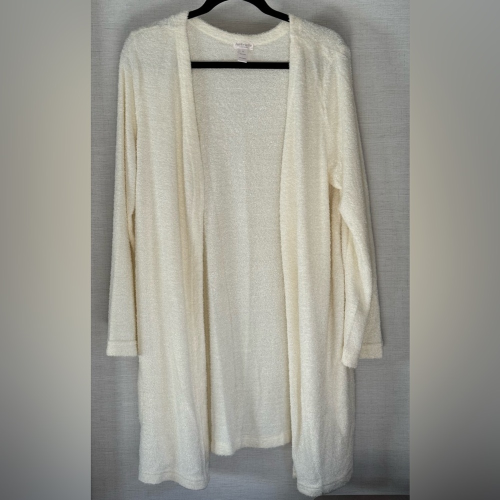 Ambrielle Sleepwear Ivory Fuzzy Plush Open Front Cardigan Robe - Large